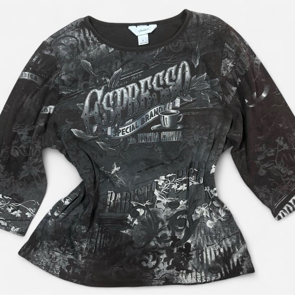 Vintage Y2K Coffee Brown Espresso Themed Sequence Grunge Top Women’s XL Edgy 90s